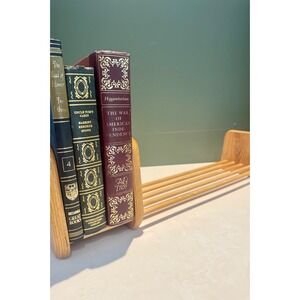 Vintage Solid Oak Wood Expandable Book Rack Sliding Tabletop Bookshelf Organizer